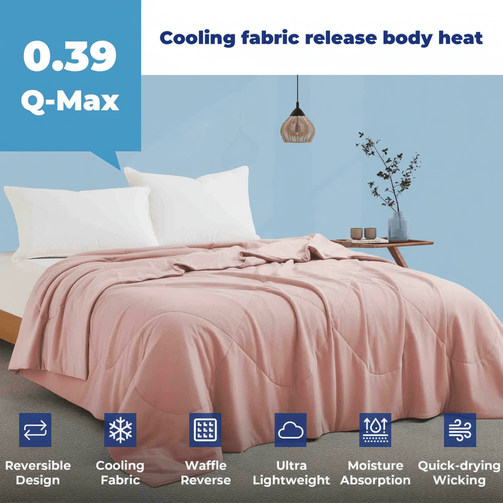 Q-max 0.39 Instant Cooling Oversized Bed Blanket, Summer Cooling Waffle Comforter Reversible, Both Warm and Cooling for All Season Use