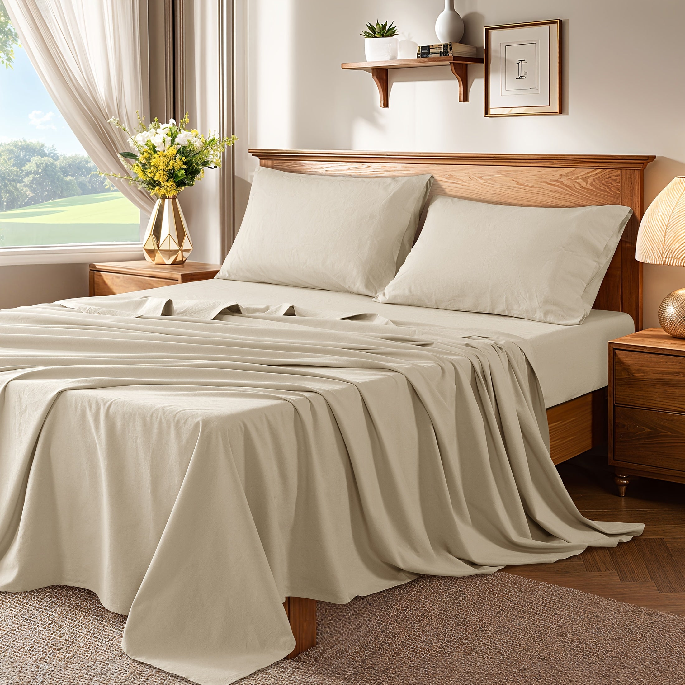 4pcs Bed Set, Breathable and Durable Bed Sheets, 16-Inch Deep Pocket Fitted Sheet, Machine Washable, All Season Use, Perfect Gift for Family or Friends (1 Flat Sheet + 1 Fitted Sheet + 2 Pillowcases)