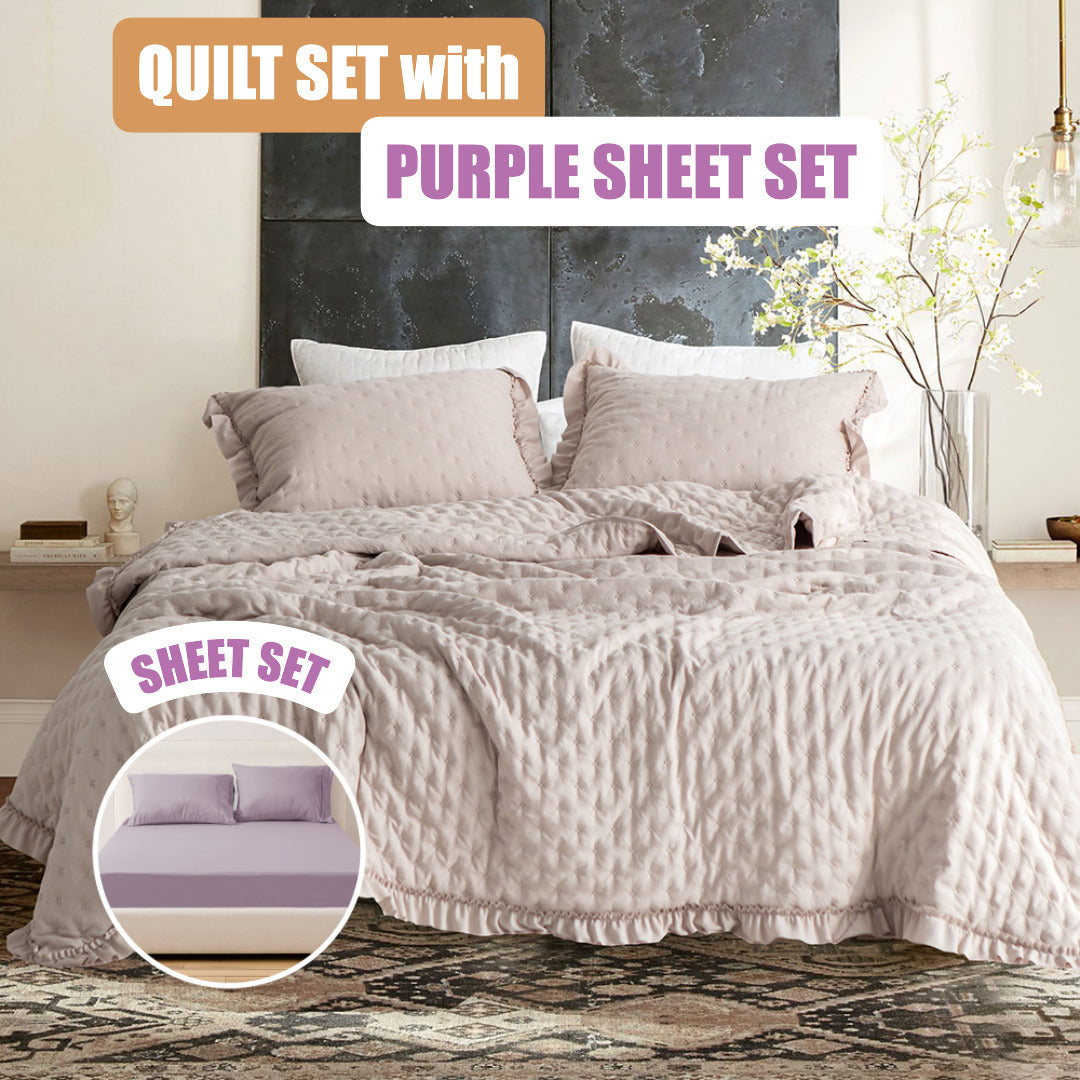 Quilt Set with Sheet Set - Light Brown Ruffles Trim - Lightweight Bedding Bedspread Coverlet - Machine Washable - Hypoallergenic - for Home Bedding, Guest Room, Bedroom, RV, Camper, Cabin and College Dorm Decor and Accessories - Twin, Queen, King Size