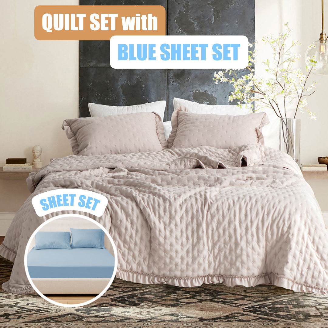 Quilt Set with Sheet Set - Light Brown Ruffles Trim - Lightweight Bedding Bedspread Coverlet - Machine Washable - Hypoallergenic - for Home Bedding, Guest Room, Bedroom, RV, Camper, Cabin and College Dorm Decor and Accessories - Twin, Queen, King Size