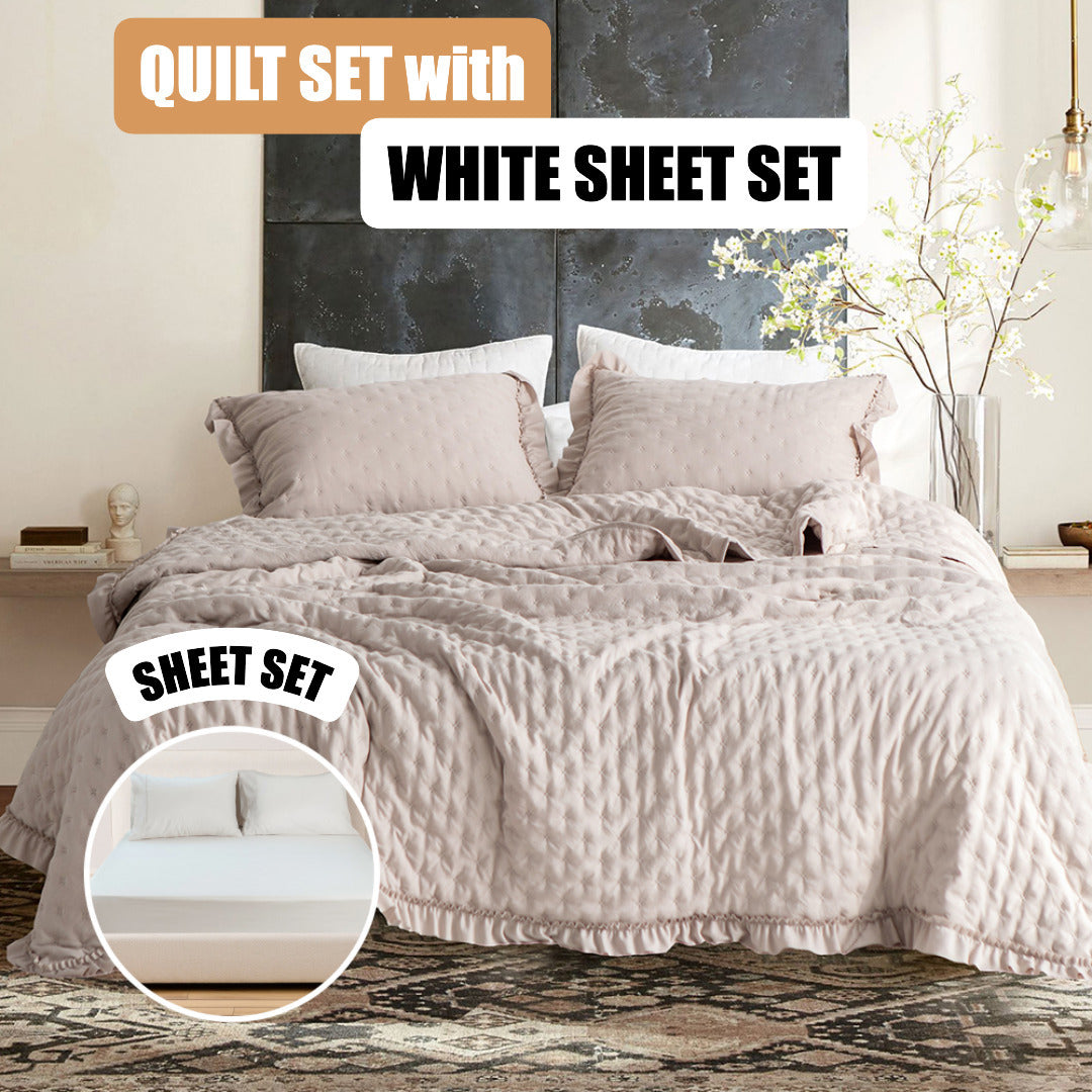 Quilt Set with Sheet Set - Light Brown Ruffles Trim - Lightweight Bedding Bedspread Coverlet - Machine Washable - Hypoallergenic - for Home Bedding, Guest Room, Bedroom, RV, Camper, Cabin and College Dorm Decor and Accessories - Twin, Queen, King Size