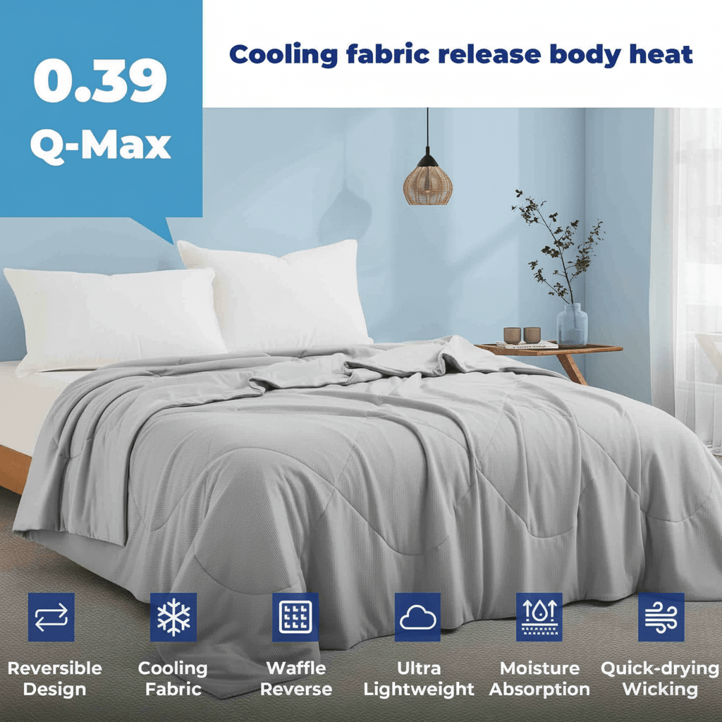 Q-max 0.39 Instant Cooling Oversized Bed Blanket, Summer Cooling Waffle Comforter Reversible, Both Warm and Cooling for All Season Use