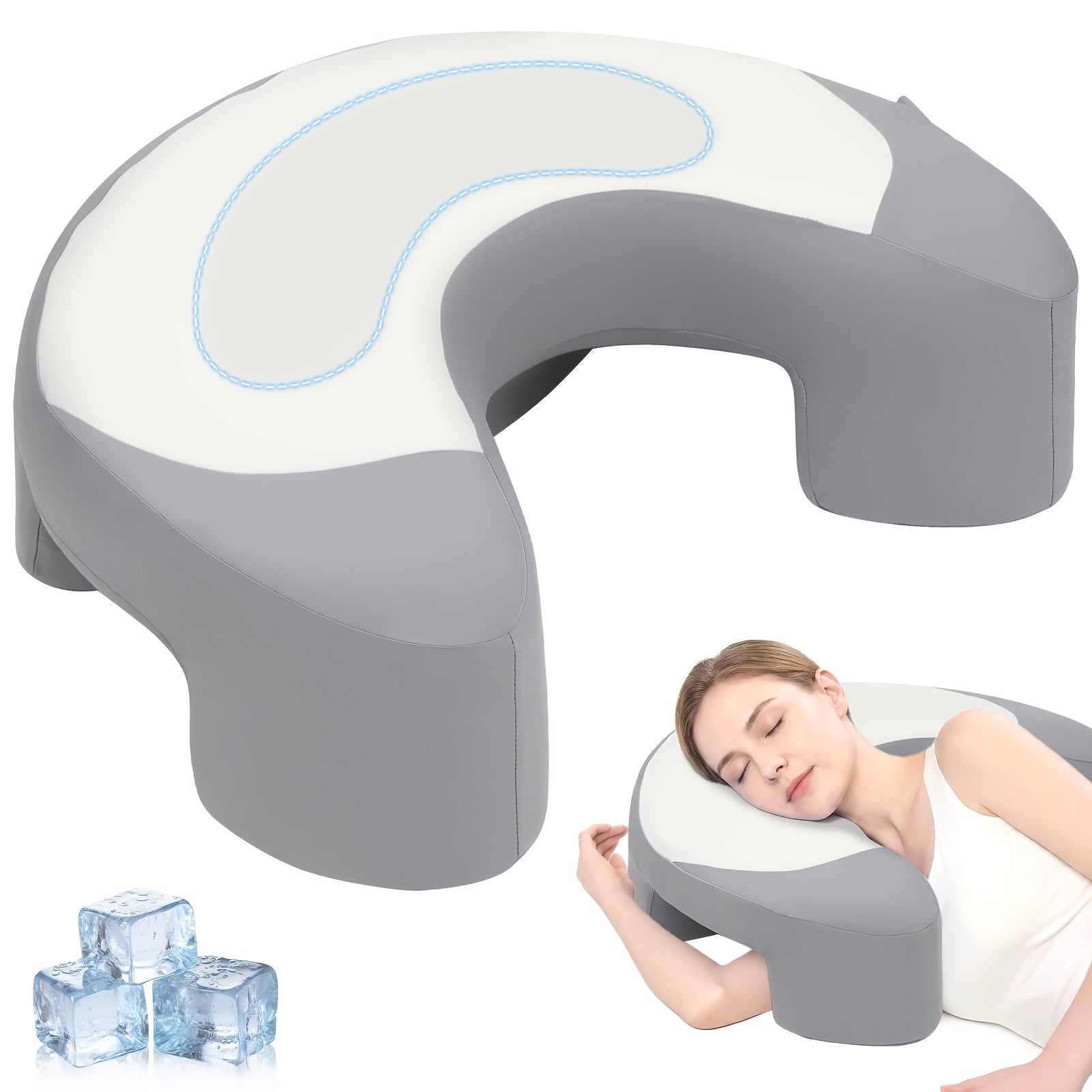 C-Shaped Ergonomic Neck Pillow with Cooling Gel, Multi-Angle Cervical & Spine Support, Relieves Neck And Shoulder Fatigue, for Side Back And Stomach Sleepers, Removable Cool Pillowcase
