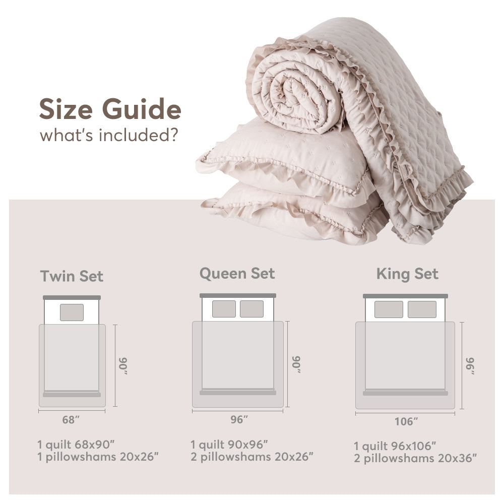 Quilt Set with Sheet Set - Light Brown Ruffles Trim - Lightweight Bedding Bedspread Coverlet - Machine Washable - Hypoallergenic - for Home Bedding, Guest Room, Bedroom, RV, Camper, Cabin and College Dorm Decor and Accessories - Twin, Queen, King Size