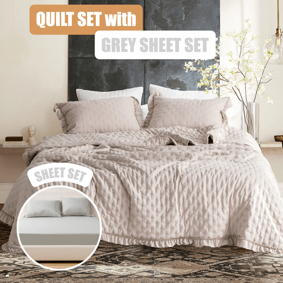Quilt Set with Sheet Set - Light Brown Ruffles Trim - Lightweight Bedding Bedspread Coverlet - Machine Washable - Hypoallergenic - for Home Bedding, Guest Room, Bedroom, RV, Camper, Cabin and College Dorm Decor and Accessories - Twin, Queen, King Size