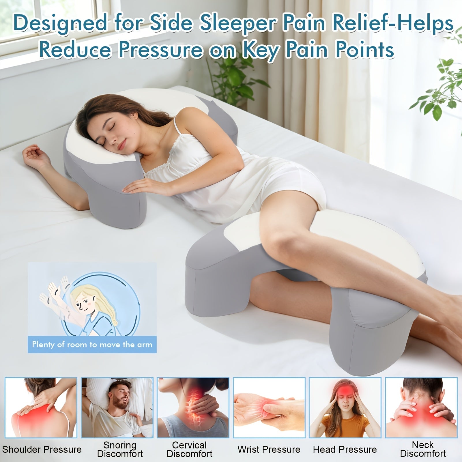 C-Shaped Ergonomic Neck Pillow with Cooling Gel, Multi-Angle Cervical & Spine Support, Relieves Neck And Shoulder Fatigue, for Side Back And Stomach Sleepers, Removable Cool Pillowcase