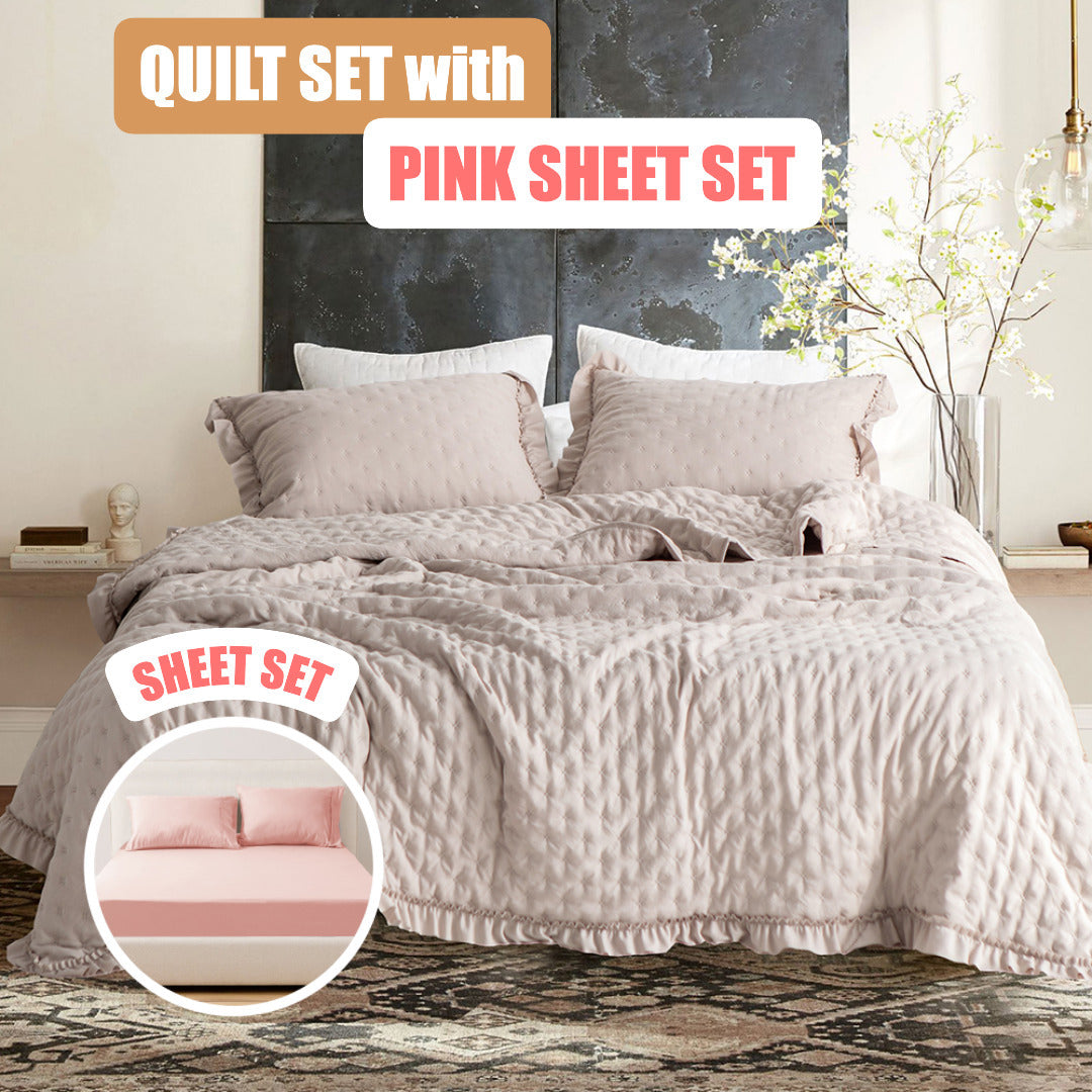 Quilt Set with Sheet Set - Light Brown Ruffles Trim - Lightweight Bedding Bedspread Coverlet - Machine Washable - Hypoallergenic - for Home Bedding, Guest Room, Bedroom, RV, Camper, Cabin and College Dorm Decor and Accessories - Twin, Queen, King Size