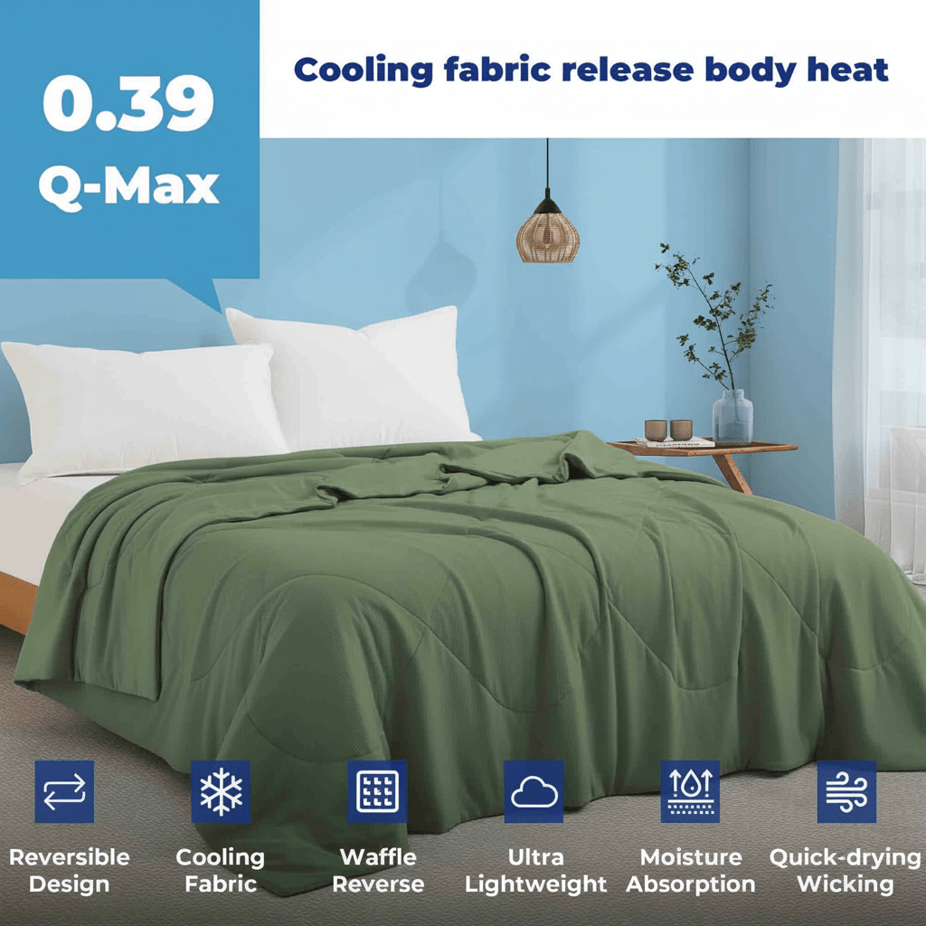 Q-max 0.39 Instant Cooling Oversized Bed Blanket, Summer Cooling Waffle Comforter Reversible, Both Warm and Cooling for All Season Use