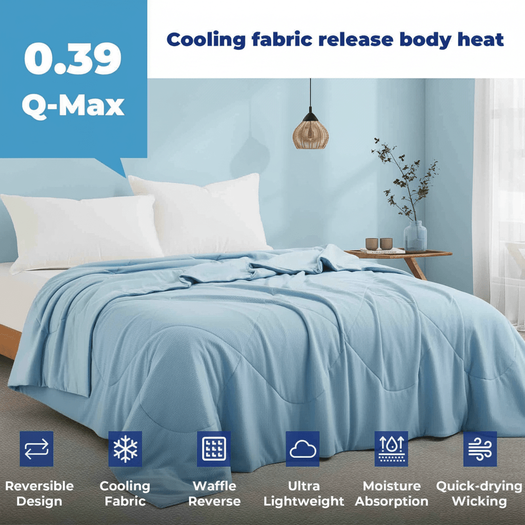 Q-max 0.39 Instant Cooling Oversized Bed Blanket, Summer Cooling Waffle Comforter Reversible, Both Warm and Cooling for All Season Use